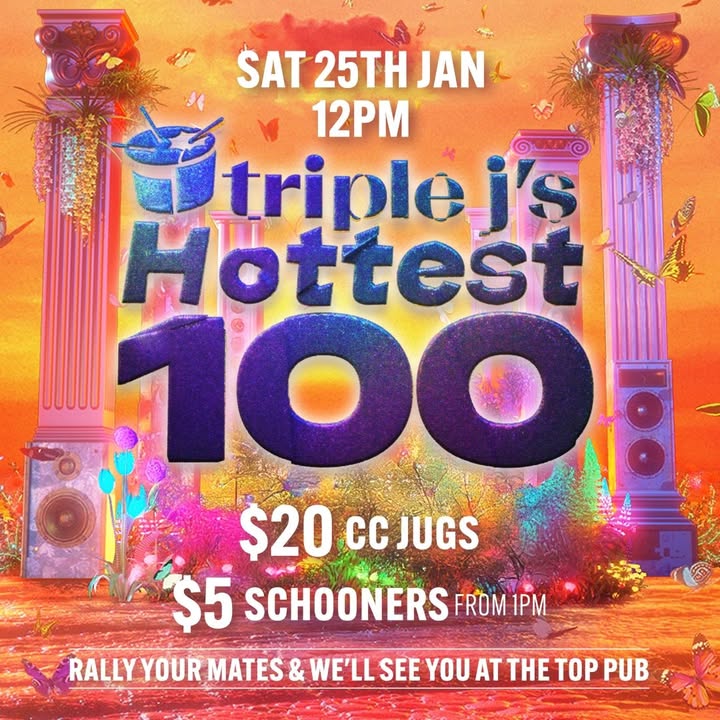 Featured image for “Have you voted in the #Hottest100 yet? There’s only a few days left! Get your votes in and then come party with us at our Hottest 100 Party on Sat 25 Jan – $20 CC Jugs and $5 Schooners from 1pm  Get your mates together and join us for a great day.”